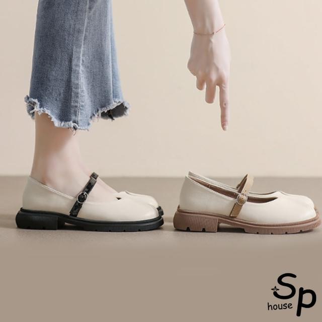 【Sp house】清新風格圓頭一字扣低跟鞋(2色可選)