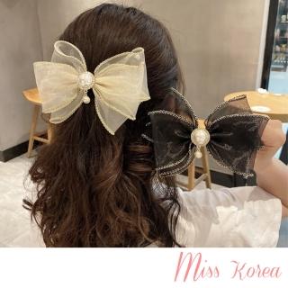 【MISS KOREA】水鑽髮夾 珍珠髮夾/韓國設計浪漫水鑽珍珠金線鎖邊網紗蝴蝶結造型髮夾(2色任選)