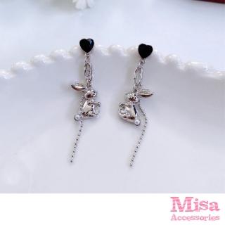 【MISA】韓國設計S925銀針可愛兔子愛心珍珠長墜造型耳環(S925銀針耳環 愛心耳環 珍珠耳環)