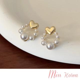 【MISS KOREA】韓國設計S925銀針浪漫愛心珍珠圈圈造型耳環(S925銀針耳環 愛心耳環 珍珠耳環)