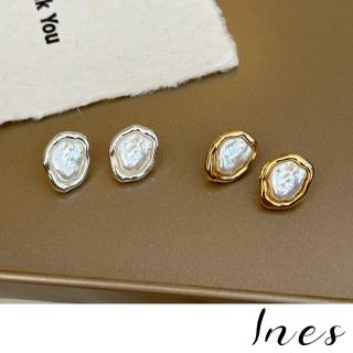 【INES】S925銀針耳環 珍珠耳環/韓國設計S925銀針冷淡風不規則珍珠造型耳環(2色任選)