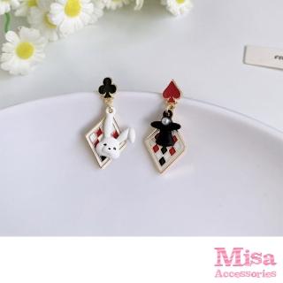 【MISA】韓國設計S925銀針不對稱趣味樸克元素兔子魔術帽造型耳環(S925銀針耳環 兔子耳環 魔術帽耳環)