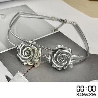 【00:00】韓國設計手作立體玫瑰花金屬質感個性頸鍊 項鍊(立體項鍊 玫瑰花項鍊)