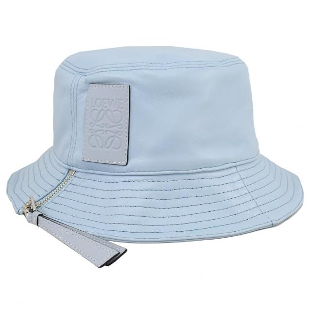 【LOEWE 羅威】簡約經典烙印LOGO小羊皮拼接時尚漁夫帽(淺藍)