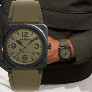 【Bell&Ross】BR03軍風啞光陶瓷方形機械腕錶-41mm綠 母親節(BR03A-MIL-CE/SRB)
