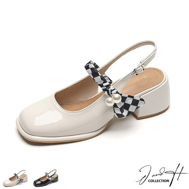 【J&H collection】法式方頭珍珠緞帶粗跟涼鞋(現+預  米色 / 黑色)