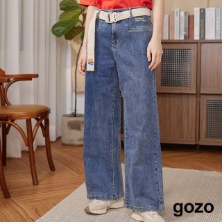 【gozo】標語繡花造型口袋牛仔寬褲(藍色)