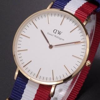 【Daniel Wellington】Daniel Wellington帆布風格時尚腕錶藍白紅+玫瑰金-40mm-DW00100003