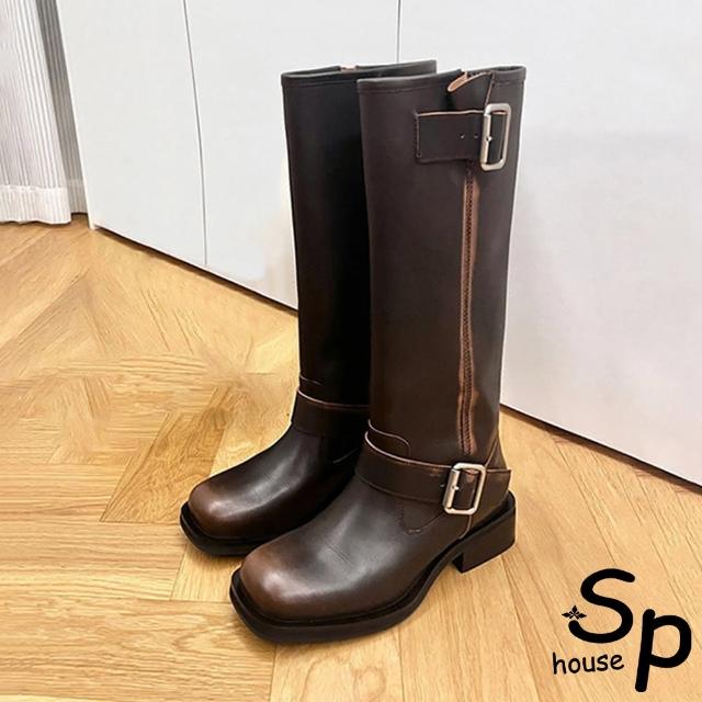 【Sp house】刷舊復古方頭牛仔真牛皮長筒靴(棕色)