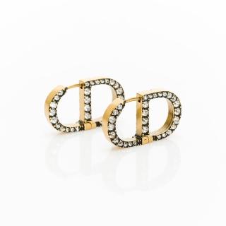 【Dior 迪奧】復古金排鑽CD耳環(復古金)