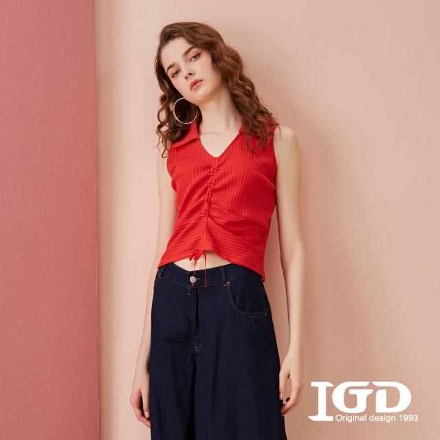 【IGD 英格麗】速達-網路獨賣款-抽繩襯衫領短版背心(紅色)