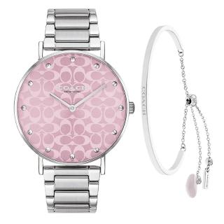 【COACH】官方授權經銷商 經典C字 LOGO面盤手錶粉心手鍊套組-36mm 母親節 禮物(14000093)