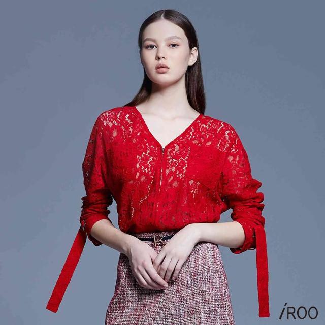 【iROO】紅色繡花蕾絲外套