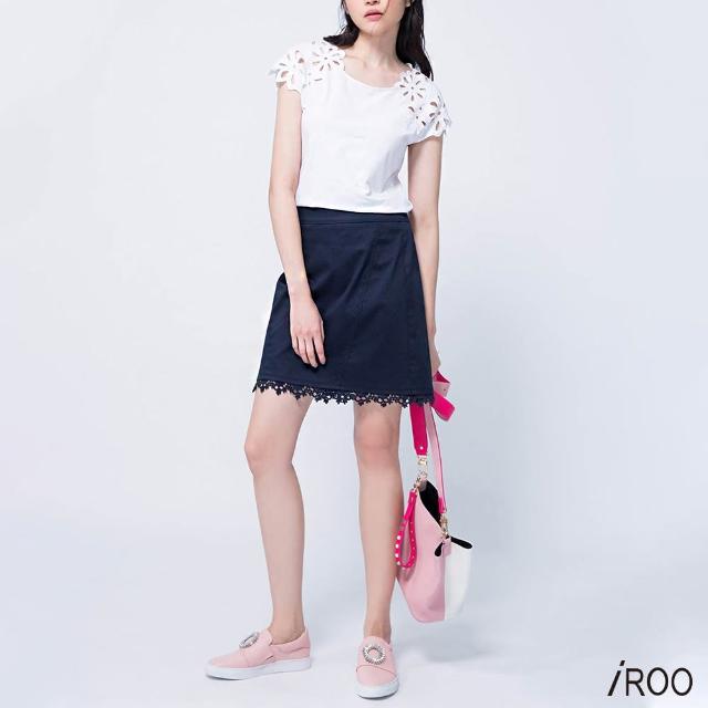 【iROO】藍色下擺蕾絲典雅女人時尚短裙