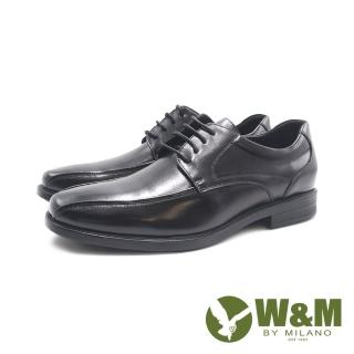 【W&M】男 小方圓綁帶款線條皮鞋 男鞋(黑)