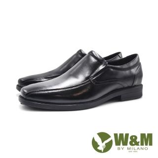 【W&M】男 小方圓直套懶人款線條皮鞋 男鞋(黑)