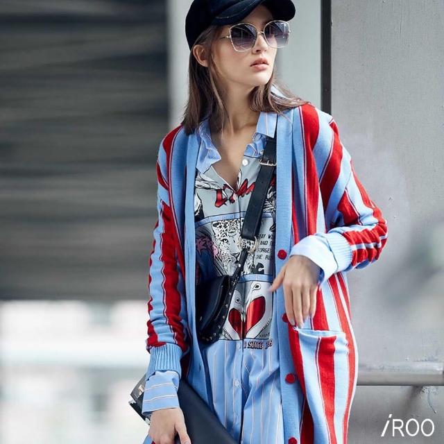【iROO】恬靜直條紋配色針織長袖外套