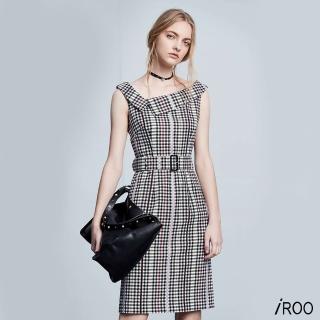 【iROO】彩格腰帶經典設計無袖洋裝