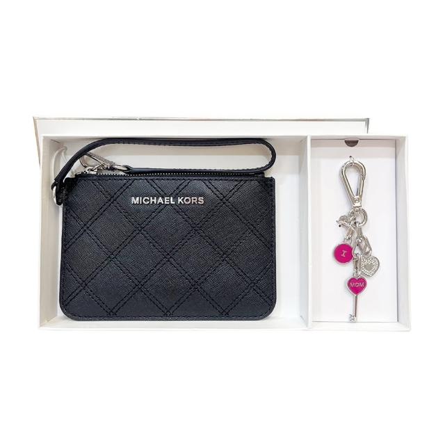 【Michael Kors】專櫃黑色皮革手拿包+愛心鑰匙圈禮盒組(34T6SGFW1L)