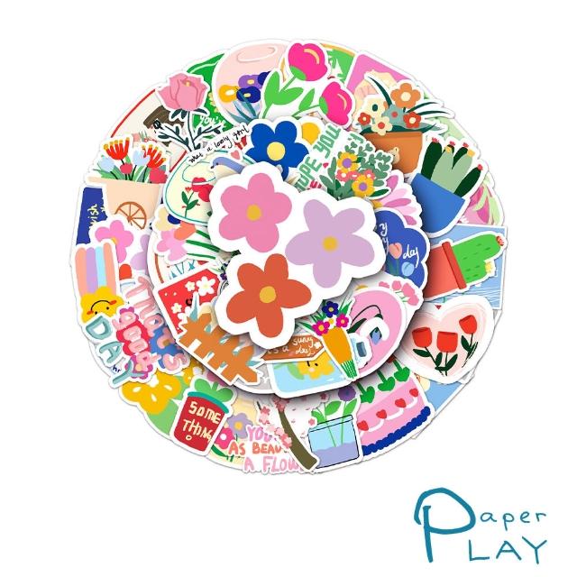 【Paper Play】創意多用途防水貼紙-趣味卡通手繪植物花卉 50枚入(防水貼紙 行李箱貼紙 手機貼紙 水壺貼紙)