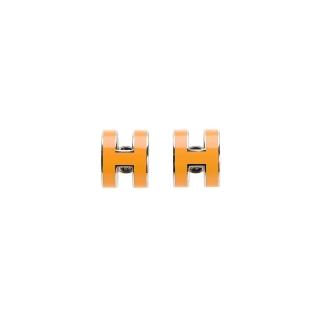 【Hermes 愛馬仕】經典POP H立體簍空橢圓LOGO耳環(淡橘/銀)