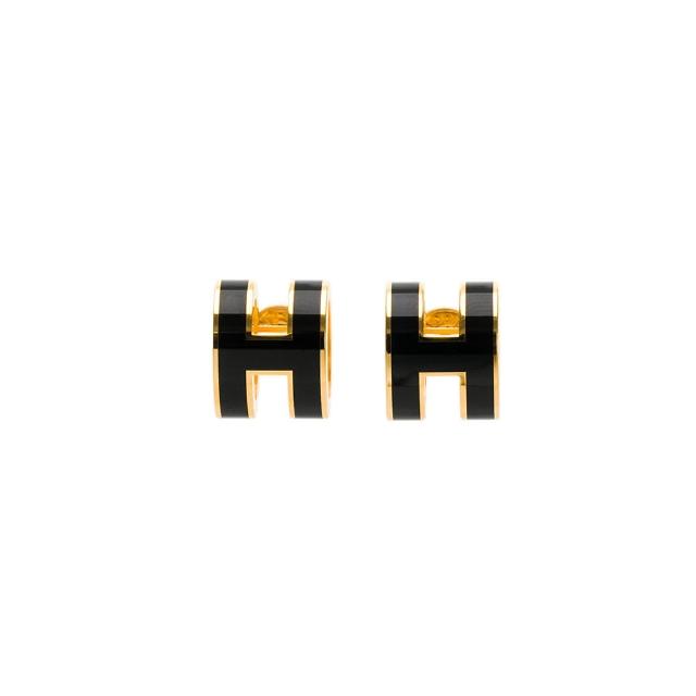 【Hermes 愛馬仕】經典POP H立體簍空橢圓LOGO耳環(Noir黑/金)