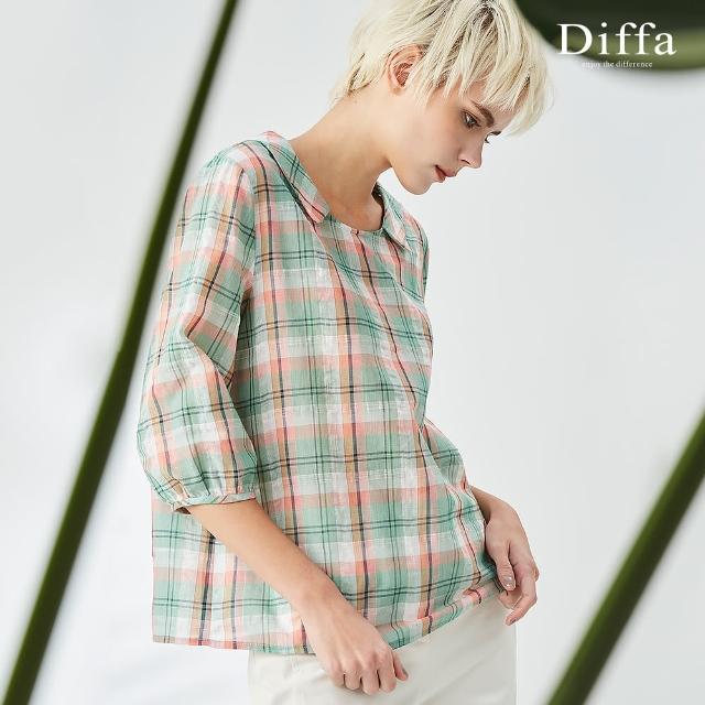 【Diffa】歐風質感綠格披領上衣-女