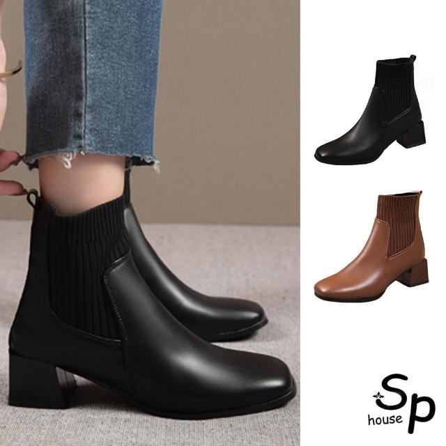 【Sp house】法式優雅針織襪方頭粗跟短筒靴(2色可選)