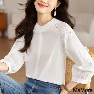 【MsMore】白色刺繡襯衫拼接七分袖寬鬆短版上衣#120850(白)