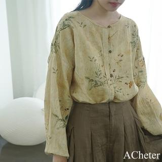 【ACheter】亞麻感復古短款上衣盤扣設計感長袖圓領印花襯衫上衣#120838(綠)
