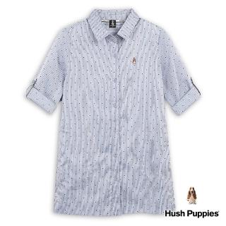 【Hush Puppies】女裝 襯衫 細條紋點點七分袖長版襯衫(中藍 / 43212108)