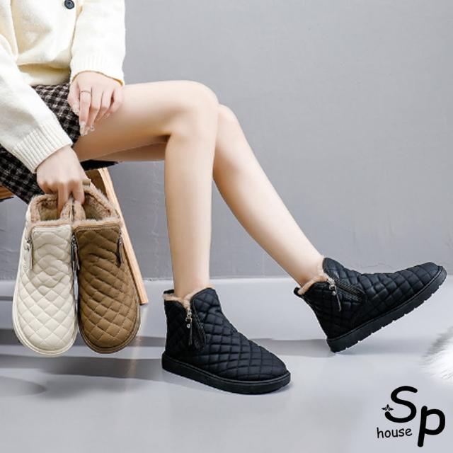 【Sp house】流行菱格保暖絨毛厚底短筒雪靴(3色可選)