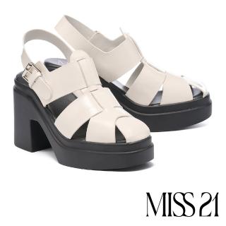 【MISS 21】微酸率性少女牛漆皮簍空方釦水台高跟涼鞋(米白)