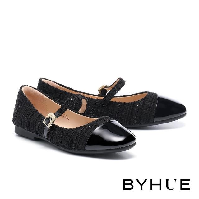 【BYHUE】韓系氣質毛呢珍珠撞色軟芯Q底瑪莉珍平底鞋(黑)