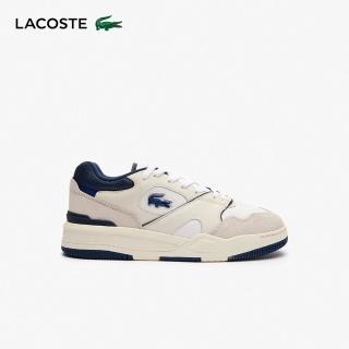 【LACOSTE】男鞋-Lineshot 皮革標誌運動休閒鞋(白/海軍藍色)