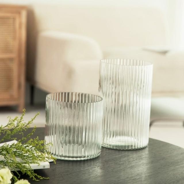 YU Living 信歐傢居】寬口直筒型條紋玻璃花瓶花器(寬15.5cm/透明色 