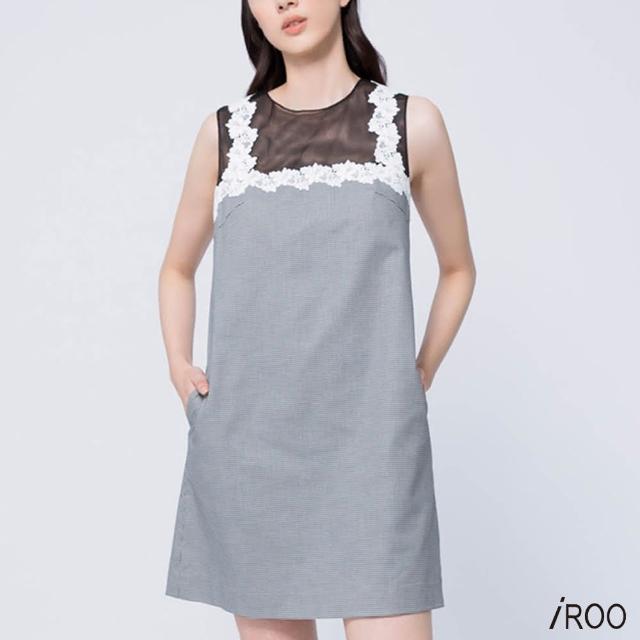 【iROO】拼接蕾絲窄版口袋洋裝