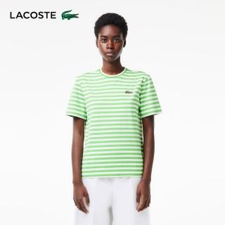【LACOSTE】女裝-寬鬆條紋棉質短袖T恤(綠白條紋)