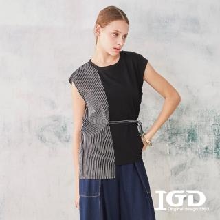 【IGD 英格麗】速達-網路獨賣款-綁帶拼接休閒襯衫(黑色)