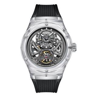 【BONEST GATTI】布加迪 透明框鏤空錶盤 偏心顯示設計 黑色氟橡膠錶帶 自動上鍊機械錶 情人節(BG5807-A3)