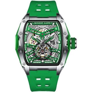 【BONEST GATTI】布加迪 銀框綠色款 鏤空酒桶造型 氟橡膠錶帶 自動上鍊機械錶 45mm 母親節(BG5502-A5)