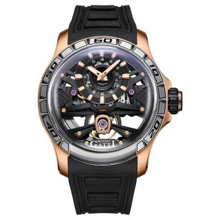 【BONEST GATTI】布加迪 玫瑰金x銀 偏心顯示設計面盤 黑氟橡膠錶帶 機械錶 45mm 情人節(BG5101-A2)