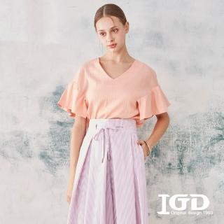 【IGD 英格麗】速達-網路獨賣款-V領荷葉袖上衣(粉色)