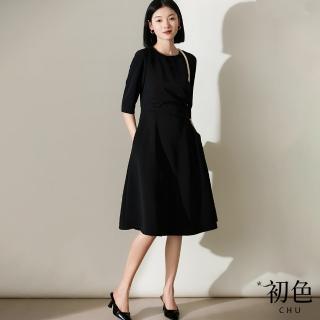 【初色】圓領素色寬鬆五分袖法式褶皺連身裙洋裝-黑色-32964(M-XL可選)