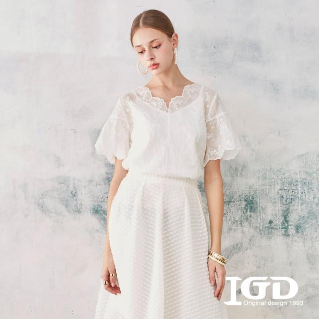 【IGD 英格麗】速達-網路獨賣款-天絲棉鏤空緹花上衣(白色)