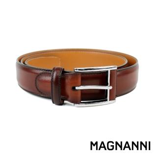 【MAGNANNI】義大利素面刷色針扣式皮帶 棕色(ZM529-COG)