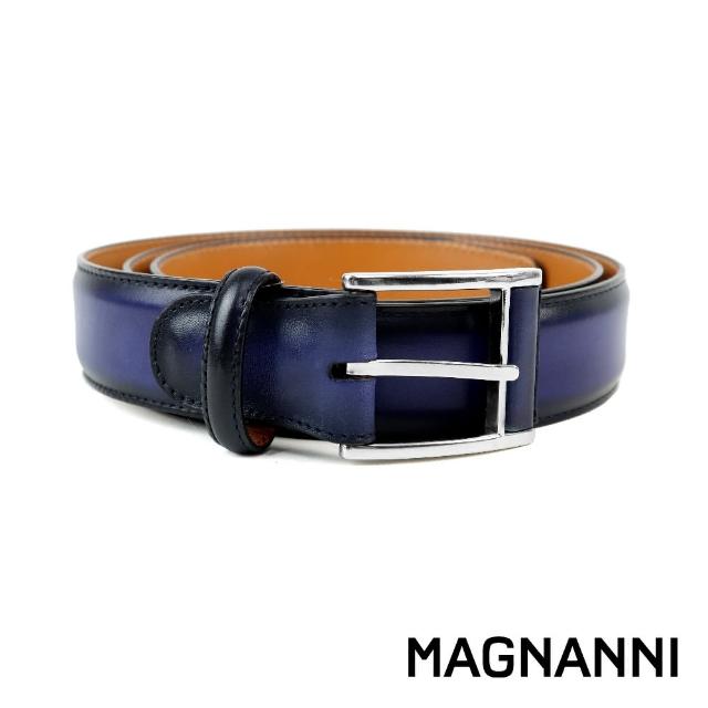 【MAGNANNI】義大利素面刷色針扣式皮帶 海軍藍(ZM531-NA)