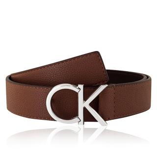 【Calvin Klein 凱文克萊】皮革LOGO銀釦紳士皮帶-焦糖色(S~XL號/30-44吋)