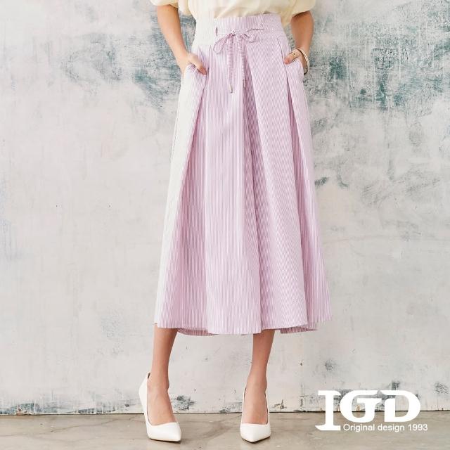 【IGD 英格麗】速達-網路獨賣款-高腰條紋合褶寬褲(紫色)