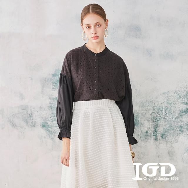 【IGD 英格麗】速達-網路獨賣款-立領緹花襯衫(黑色)